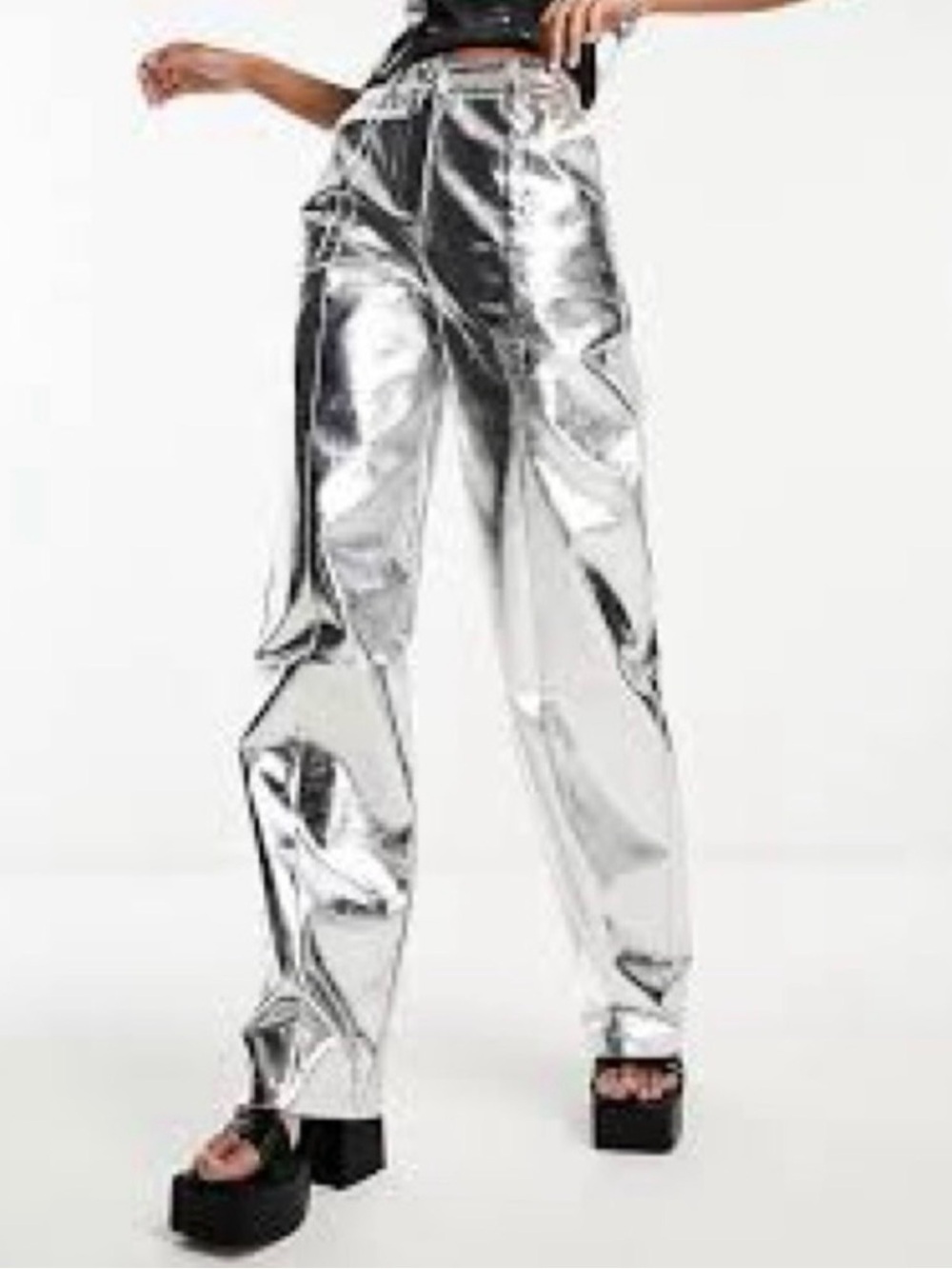 4th + Reckless Metallic Silver Faux Leather Straight Leg Pants XL Pockets NWT